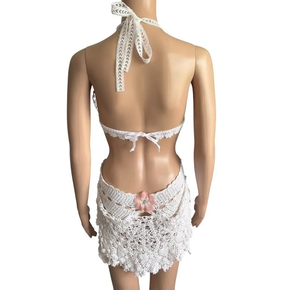 Upcycled Crochet Doily Cut Out Mini Dress Pink S Coquette Fairycore Boho Coastal